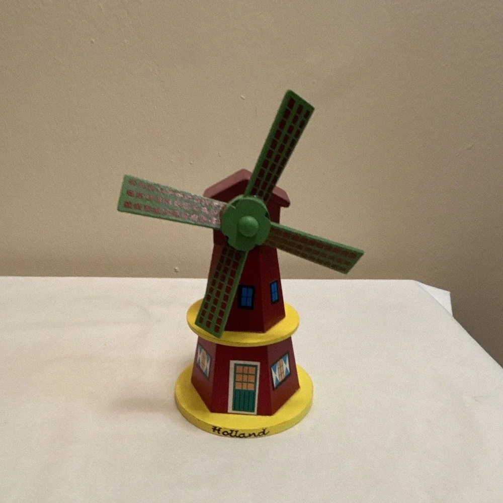 Painted Wood Holland Windmill Figurine 5 in Red Green Yellow Blue